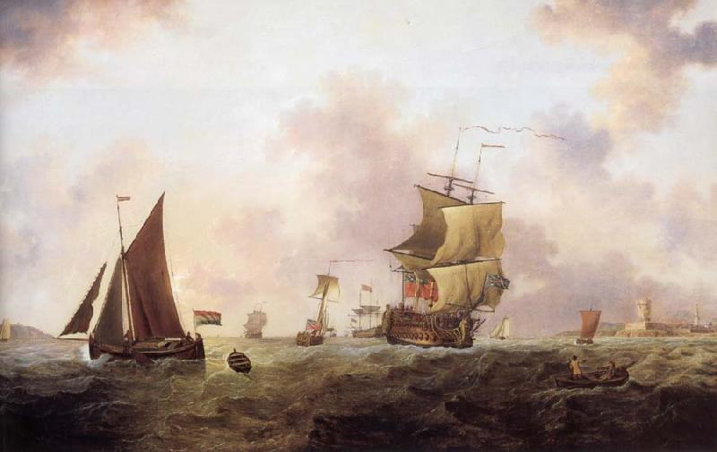 Francis Swaine A two-decker of the Royal Navy and other shipping off St.Peter Port